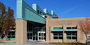 A building with a glass front.